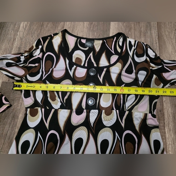 Vintage Y2K MINI DRESS ABSTRACT BELL SLEEVE TUNIC 60s 70s Geometric Brown Pink - Picture 5 of 8